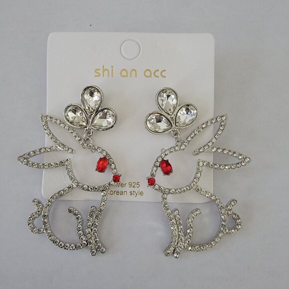 Cute Bunny Dangle Earrings with Rhinestones - Picture 2 of 4